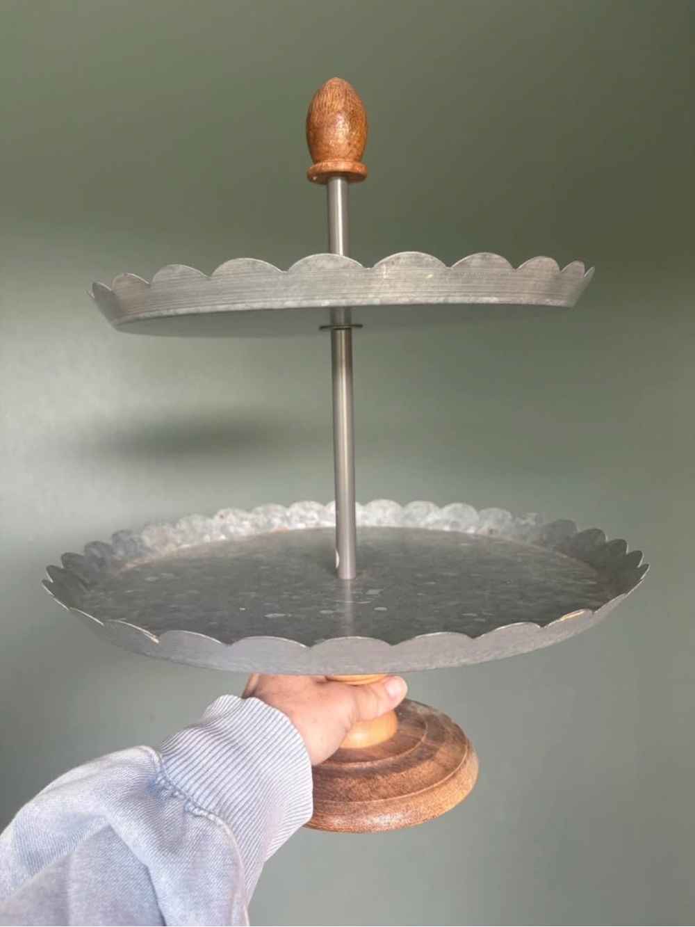 2 Tier Galvanized Metal Tray Stand Wood Farmhouse Kitchen Organizer